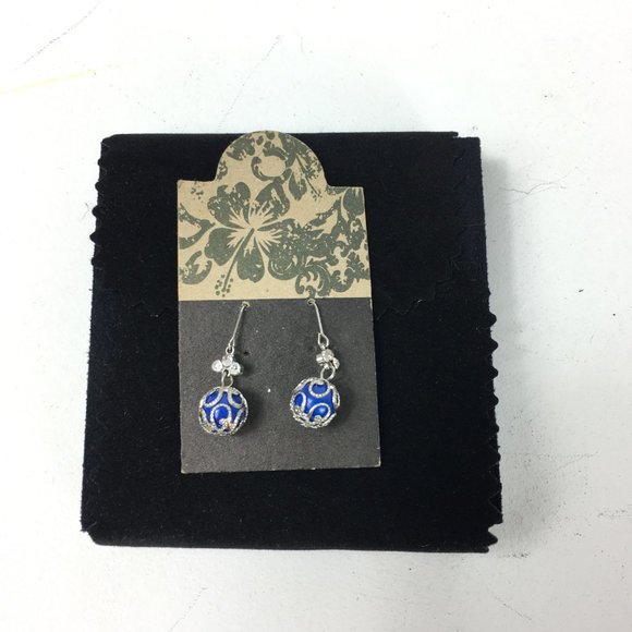 Silver Blue Pierced Earrings Ball Rhinestone Hang - Picture 3 of 5